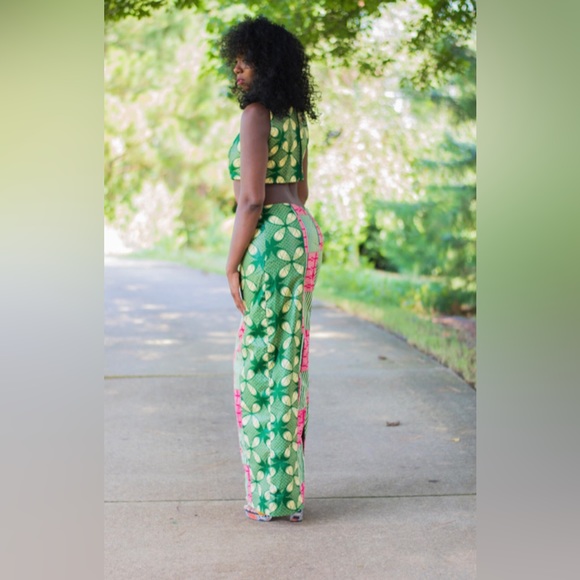 African Print Ankara Green Multicolor Mixed Print Handmade Cutout Maxi Dress - Picture 2 of 2